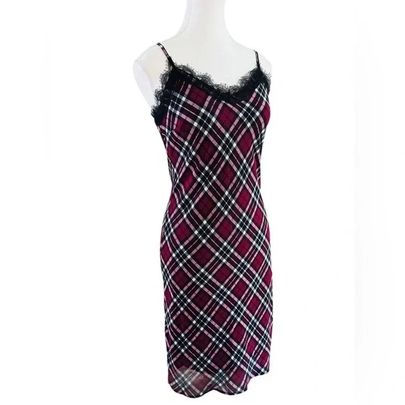 Michael Michael Kors Red Plaid Lace Trim Slip Dress Size 0 - Picture 2 of 8